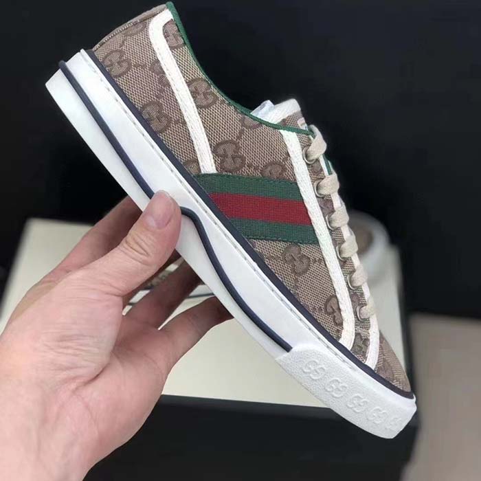 Gucci Unisex Tennis 1977 Sneaker Beige Ebony Original GG Canvas Rubber Sole Flat