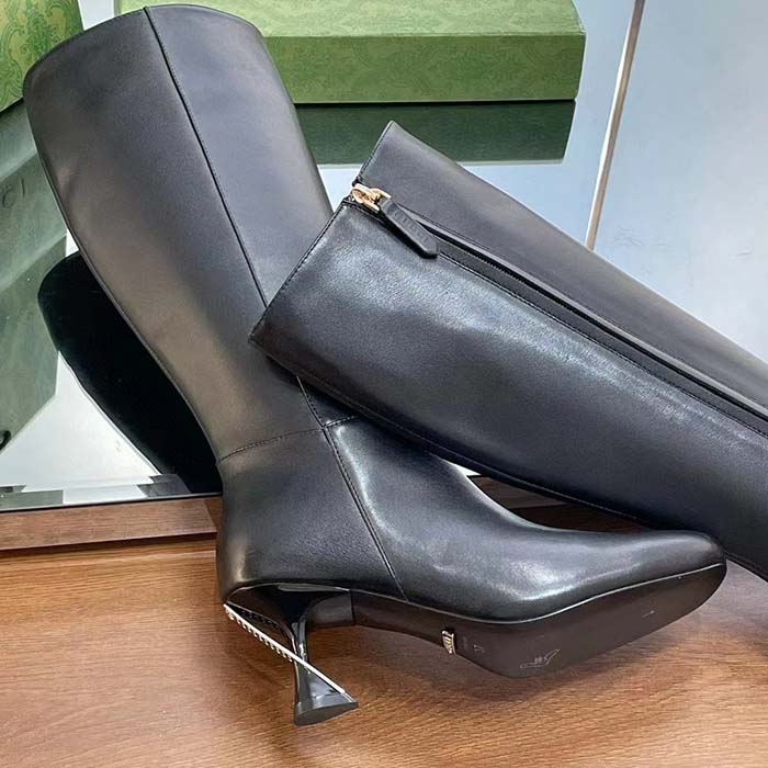Gucci Women GG Boot Black Leather Geometric Heel Metal Inserts Mid-Heel