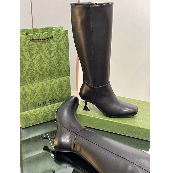 Gucci Women GG Boot Black Leather Geometric Heel Metal Inserts Mid-Heel