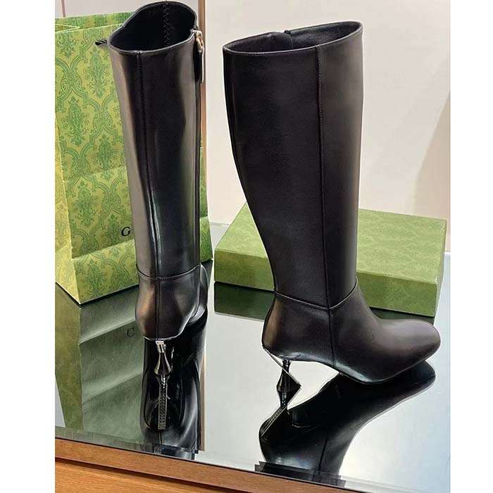 Gucci Women GG Boot Black Leather Geometric Heel Metal Inserts Mid-Heel