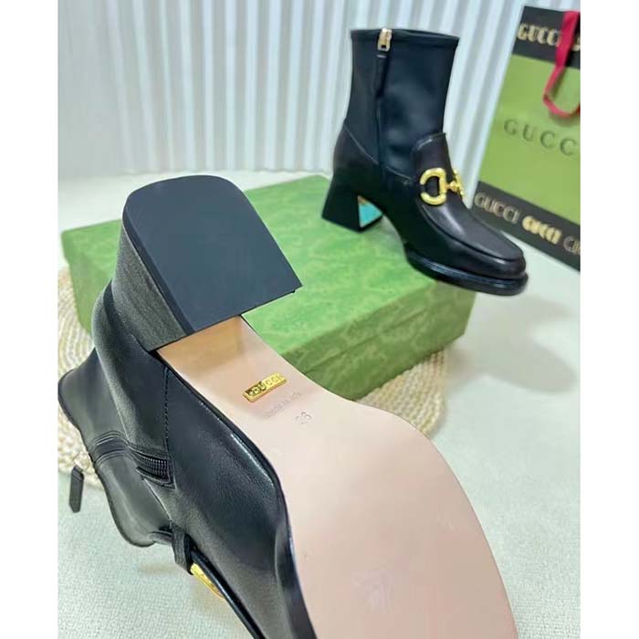 Gucci Women GG Boot Horsebit Black Smooth Leather Stretch Leather Mid 5.3 CM Heel