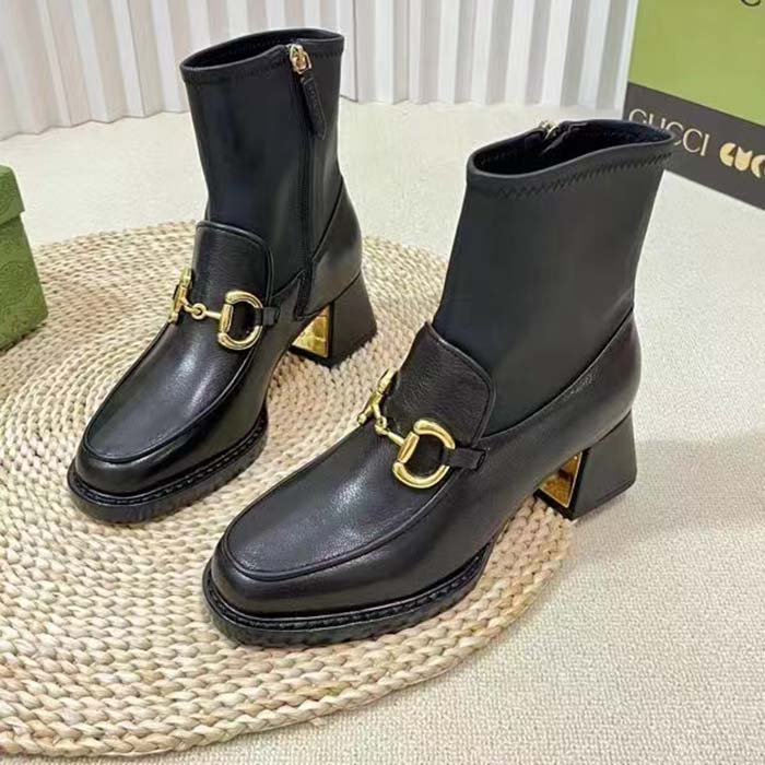 Gucci Women GG Boot Horsebit Black Smooth Leather Stretch Leather Mid 5.3 CM Heel