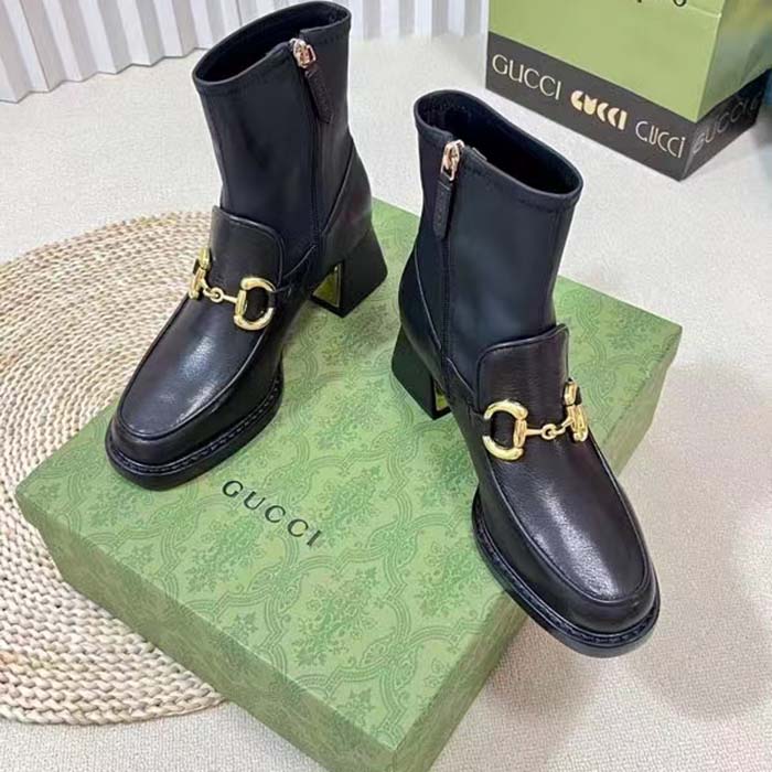 Gucci Women GG Boot Horsebit Black Smooth Leather Stretch Leather Mid 5.3 CM Heel