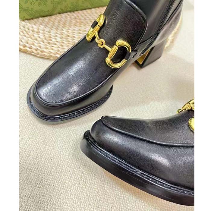 Gucci Women GG Boot Horsebit Black Smooth Leather Stretch Leather Mid 5.3 CM Heel