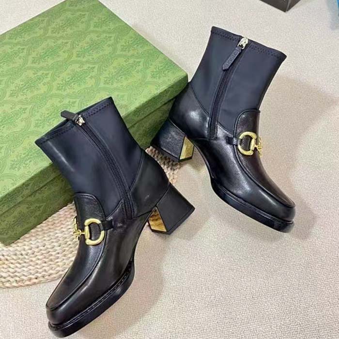 Gucci Women GG Boot Horsebit Black Smooth Leather Stretch Leather Mid 5.3 CM Heel