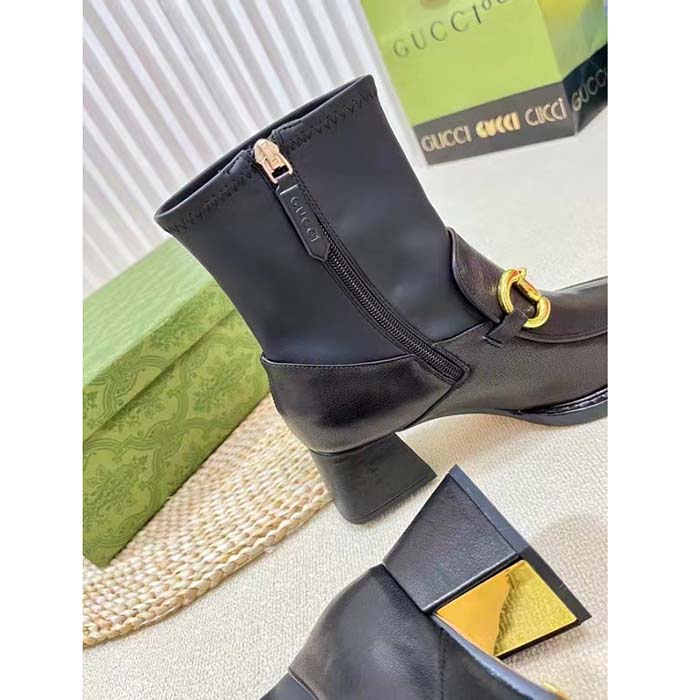 Gucci Women GG Boot Horsebit Black Smooth Leather Stretch Leather Mid 5.3 CM Heel