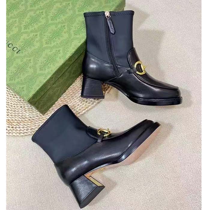 Gucci Women GG Boot Horsebit Black Smooth Leather Stretch Leather Mid 5.3 CM Heel
