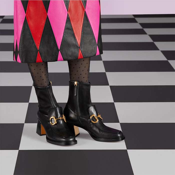 Gucci Women GG Boot Horsebit Black Smooth Leather Stretch Leather Mid 5.3 CM Heel