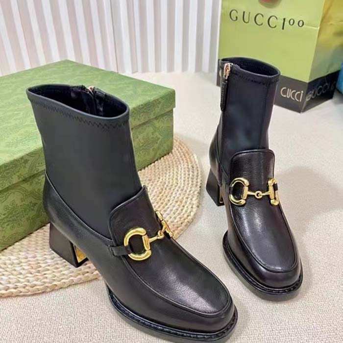 Gucci Women GG Boot Horsebit Black Smooth Leather Stretch Leather Mid 5.3 CM Heel