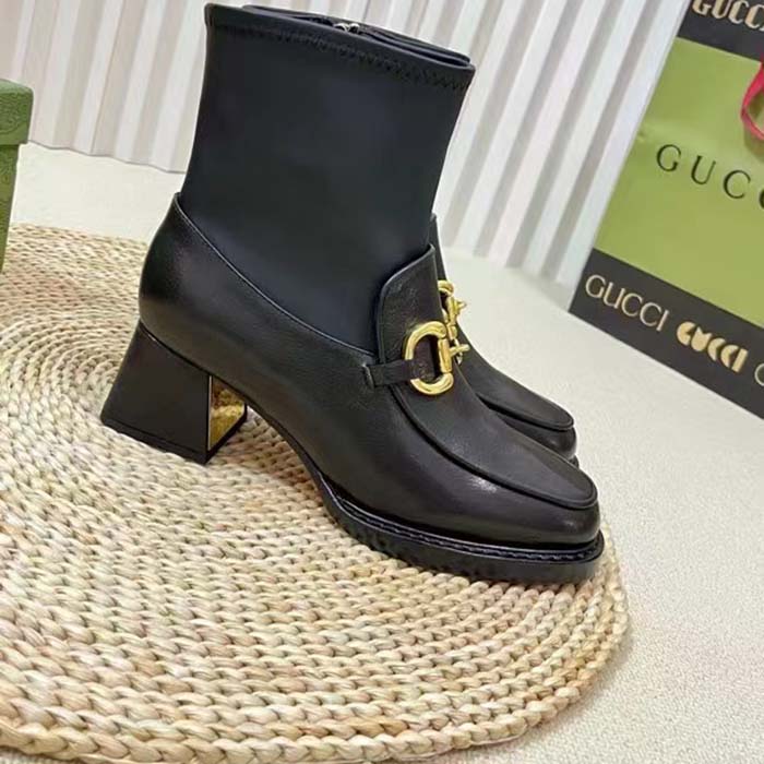 Gucci Women GG Boot Horsebit Black Smooth Leather Stretch Leather Mid 5.3 CM Heel