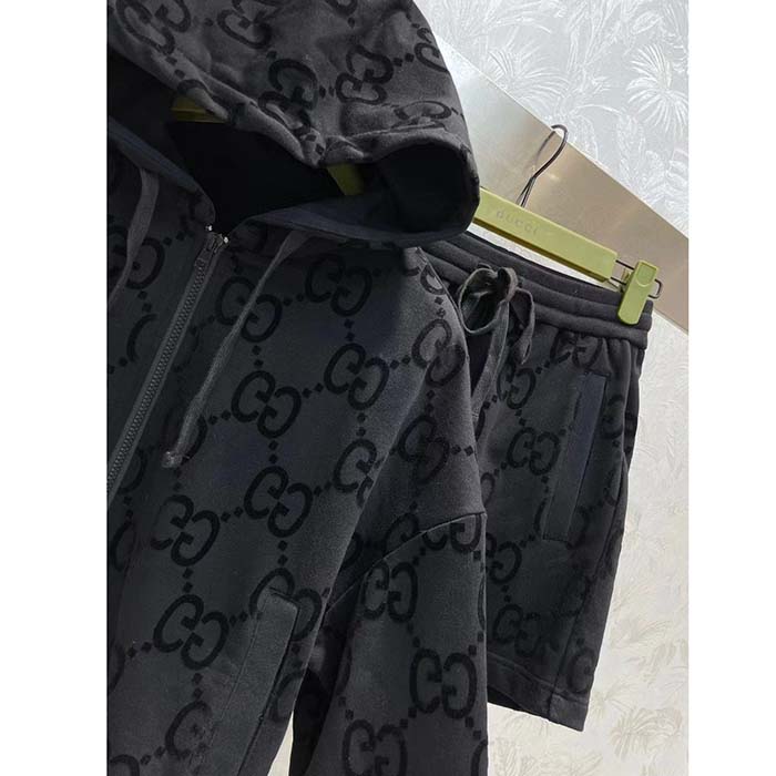 Gucci Men GG Brushed Cotton Hooded Sweatshirt Black Fixed Hood Dropped Shoulder Long Sleeves