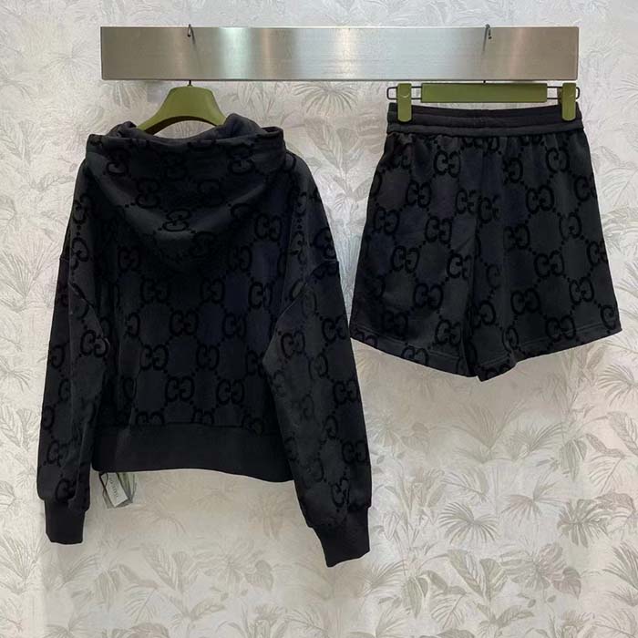 Gucci Women GG Brushed Cotton Hooded Sweatshirt Black Fixed Hood Dropped Shoulder Long Sleeves