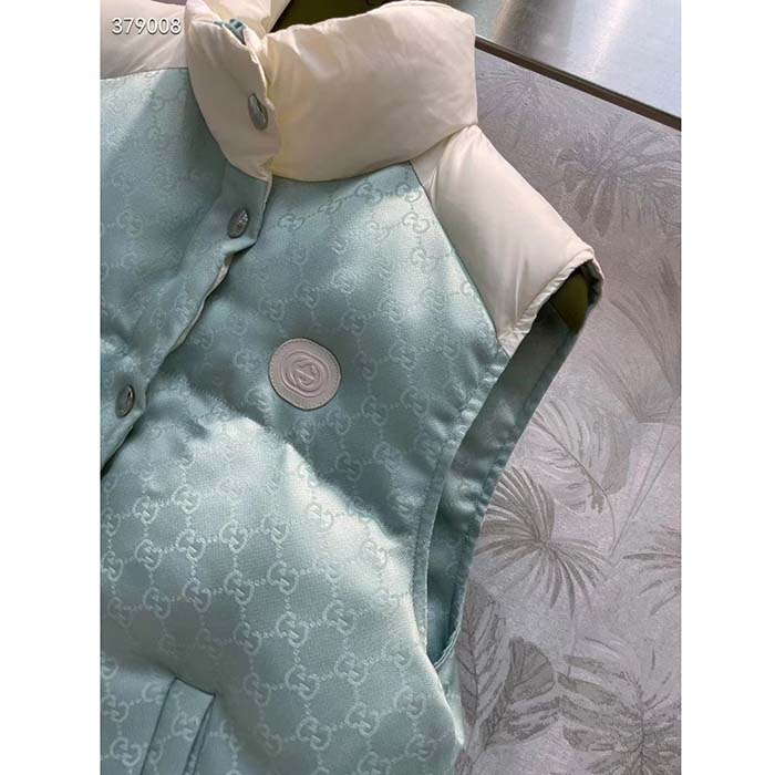 Gucci Men GG Cotton Canvas Padded Gilet Light Blue High Neck Interlocking G Sleeveless