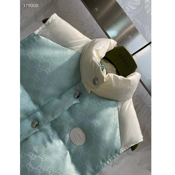 Gucci Men GG Cotton Canvas Padded Gilet Light Blue High Neck Interlocking G Sleeveless