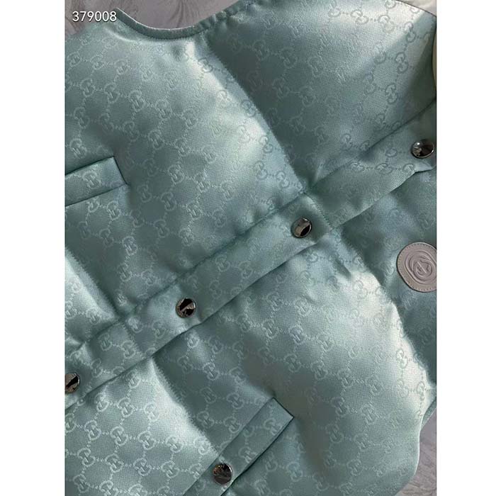 Gucci Men GG Cotton Canvas Padded Gilet Light Blue High Neck Interlocking G Sleeveless