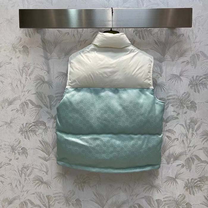 Gucci Men GG Cotton Canvas Padded Gilet Light Blue High Neck Interlocking G Sleeveless