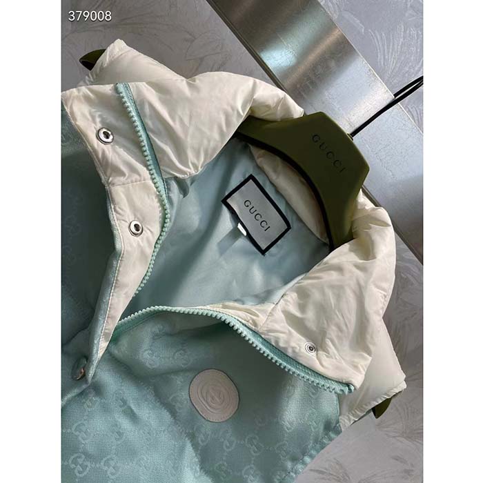 Gucci Men GG Cotton Canvas Padded Gilet Light Blue High Neck Interlocking G Sleeveless