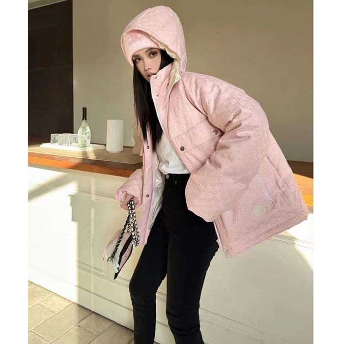 Gucci Women GG Cotton Canvas Puffer Jacket Light Pink GG Lined Interlocking G Two Front Pockets