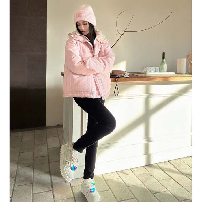 Gucci Women GG Cotton Canvas Puffer Jacket Light Pink GG Lined Interlocking G Two Front Pockets