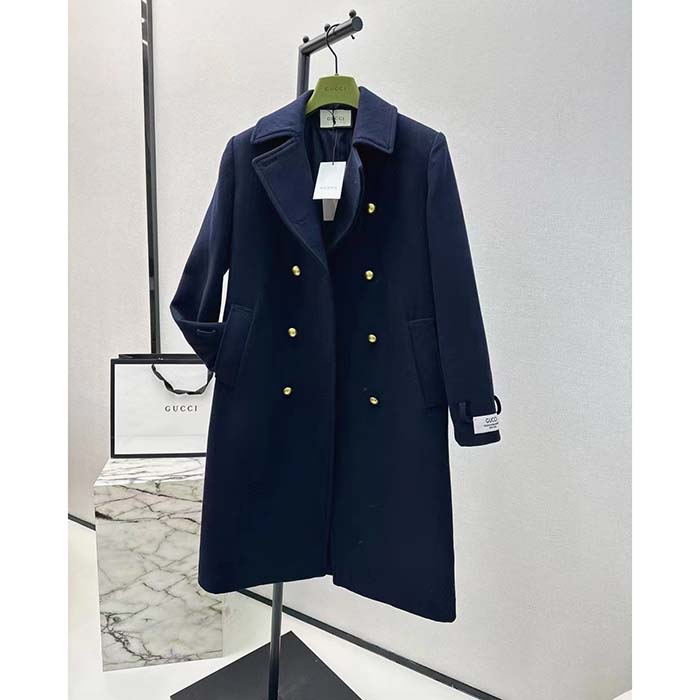 Gucci Men GG Felt Wool Coat Dark Navy Metal Buttons Gucci Cities Label Fully Lined