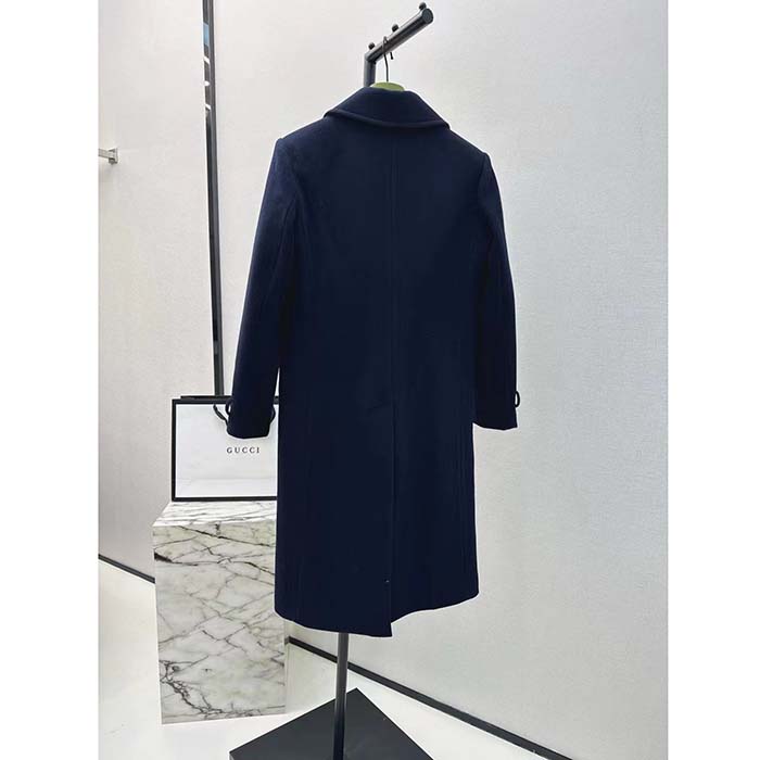 Gucci Men GG Felt Wool Coat Dark Navy Metal Buttons Gucci Cities Label Fully Lined