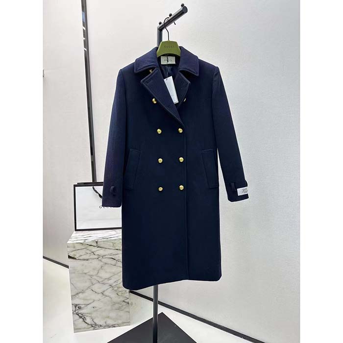 Gucci Men GG Felt Wool Coat Dark Navy Metal Buttons Gucci Cities Label Fully Lined