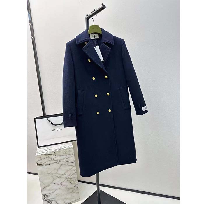 Gucci Men GG Felt Wool Coat Dark Navy Metal Buttons Gucci Cities Label Fully Lined