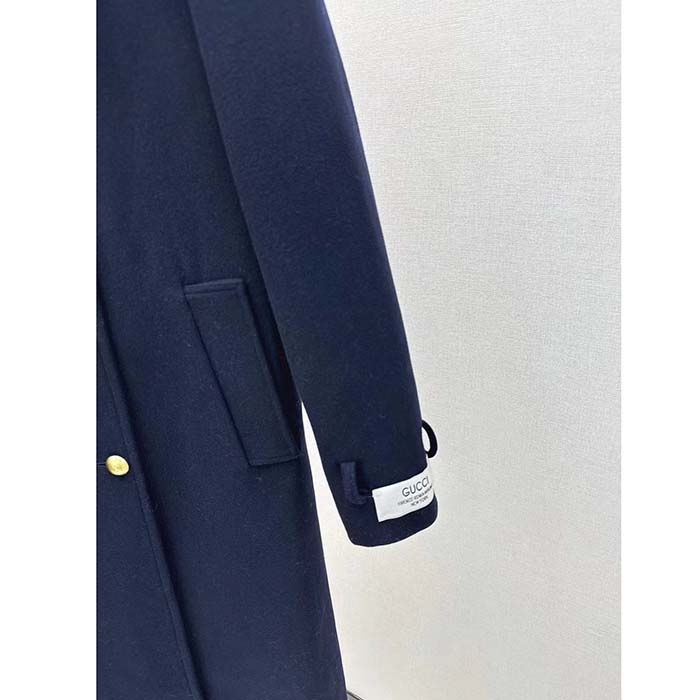 Gucci Men GG Felt Wool Coat Dark Navy Metal Buttons Gucci Cities Label Fully Lined