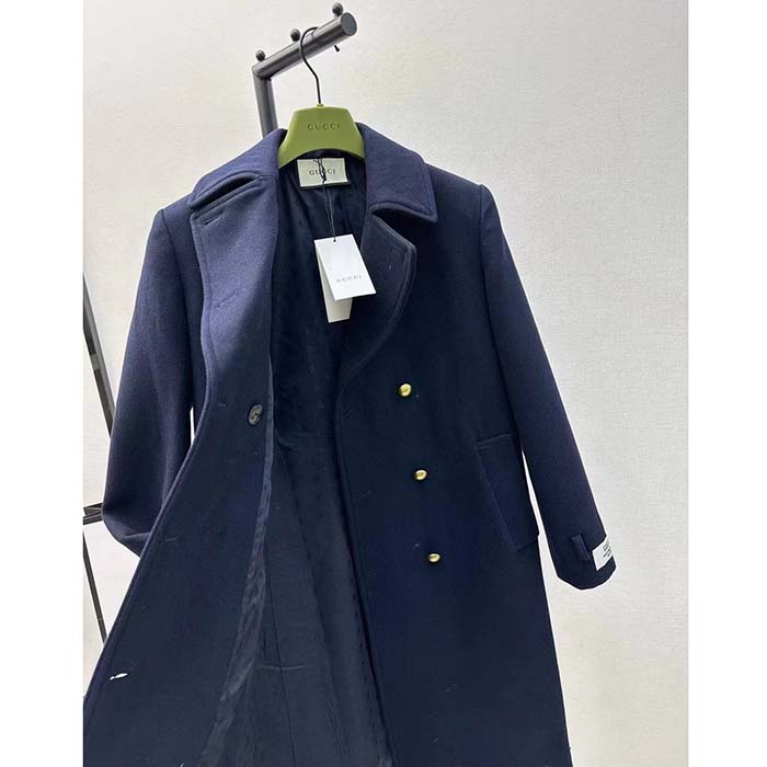 Gucci Men GG Felt Wool Coat Dark Navy Metal Buttons Gucci Cities Label Fully Lined