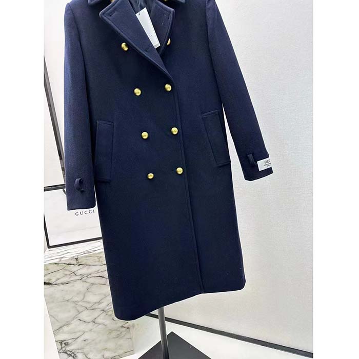 Gucci Men GG Felt Wool Coat Dark Navy Metal Buttons Gucci Cities Label Fully Lined