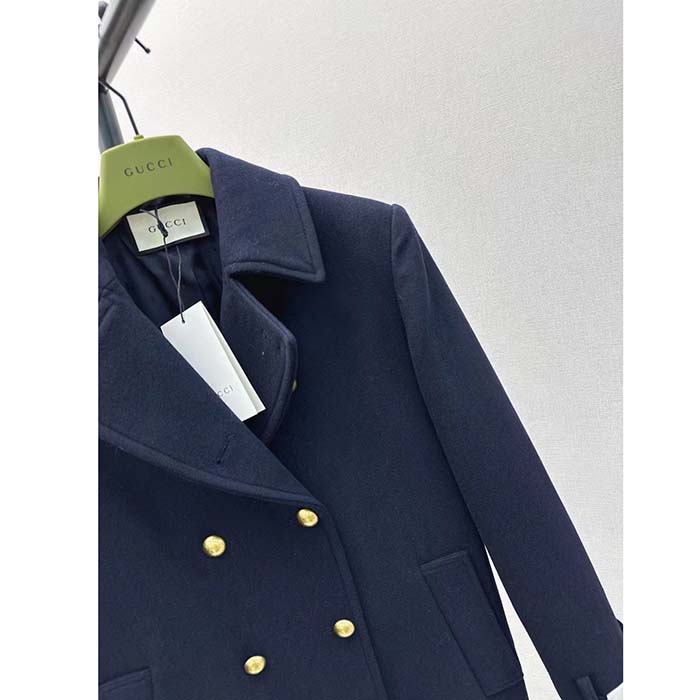 Gucci Men GG Felt Wool Coat Dark Navy Metal Buttons Gucci Cities Label Fully Lined