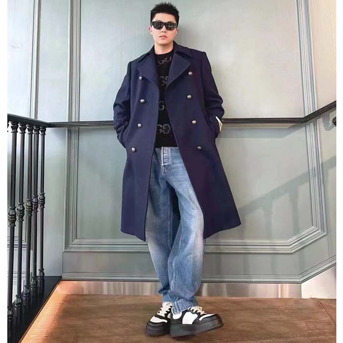 Gucci Men GG Felt Wool Coat Dark Navy Metal Buttons Gucci Cities Label Fully Lined