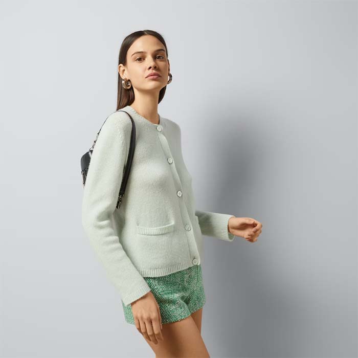 Gucci Women GG Fine Cashmere Cardigan Interlocking G Light Green Crewneck Long Sleeves