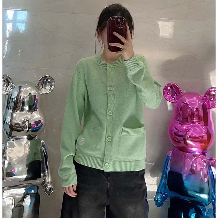 Gucci Women GG Fine Cashmere Cardigan Interlocking G Light Green Crewneck Long Sleeves