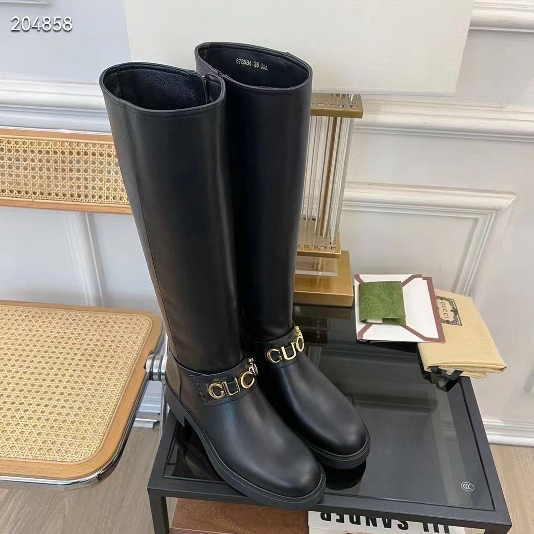 Gucci Women GG Gucci Boot Black Leather Script Rubber Sole Side Zip Closure Flat
