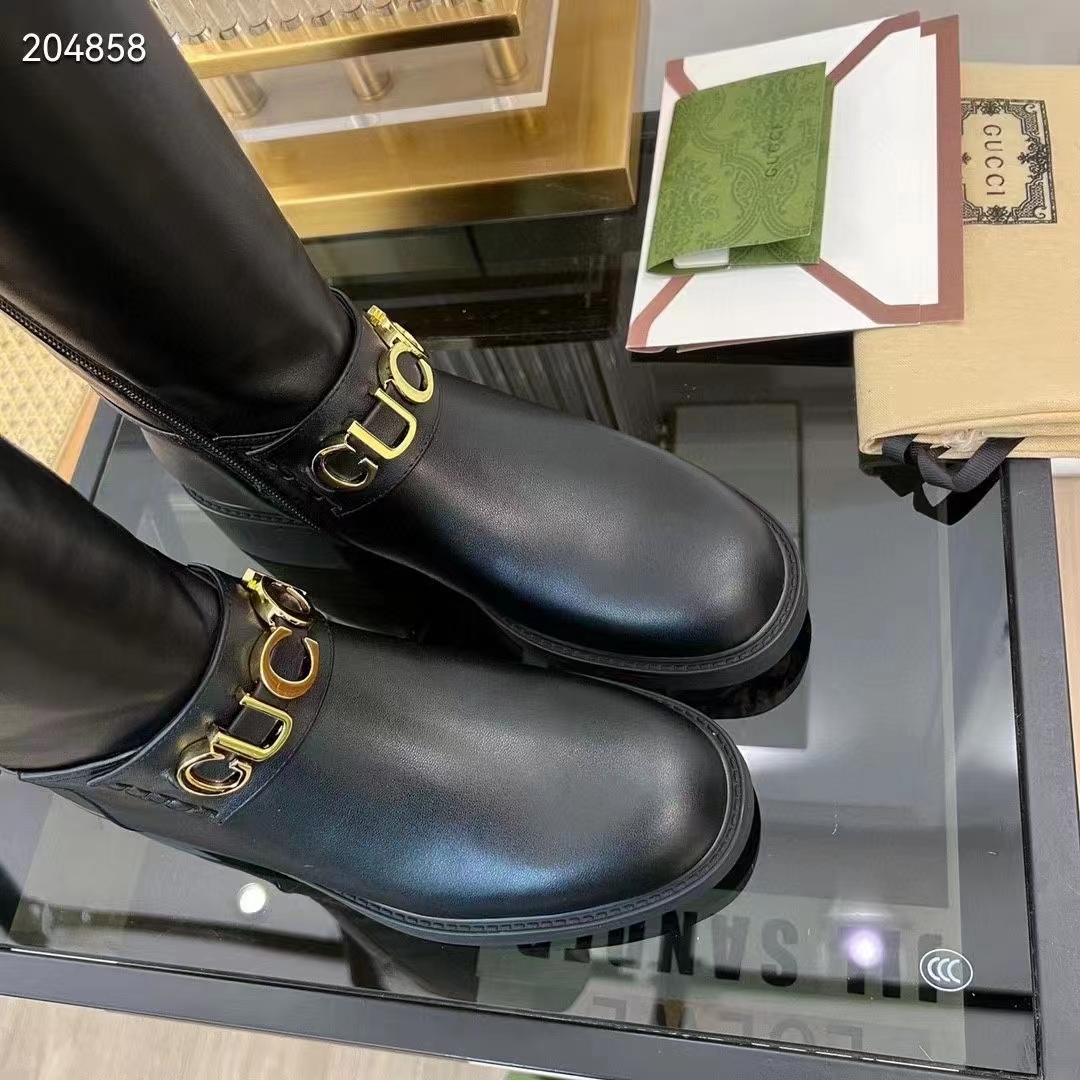 Gucci Women GG Gucci Boot Black Leather Script Rubber Sole Side Zip Closure Flat