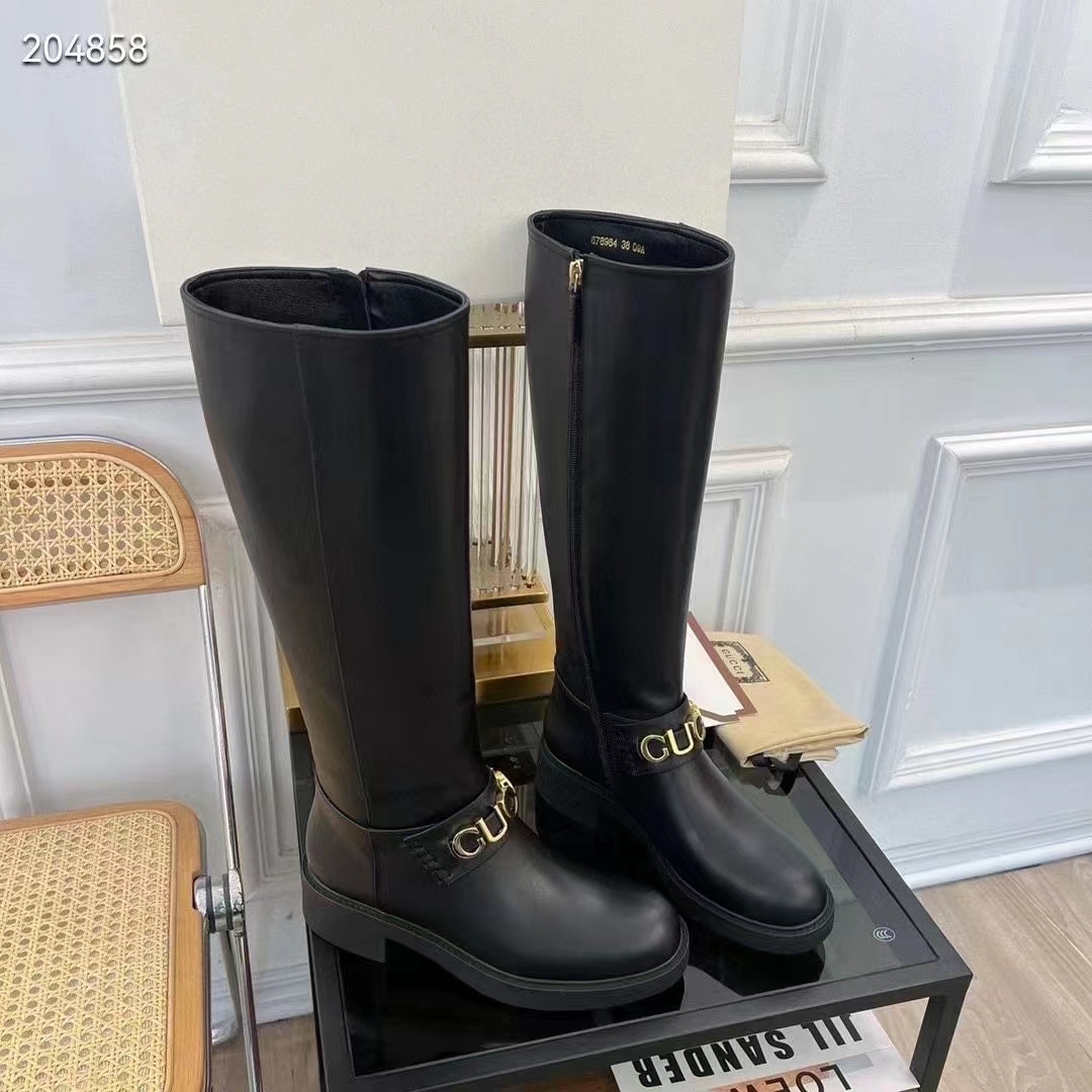Gucci Women GG Gucci Boot Black Leather Script Rubber Sole Side Zip Closure Flat