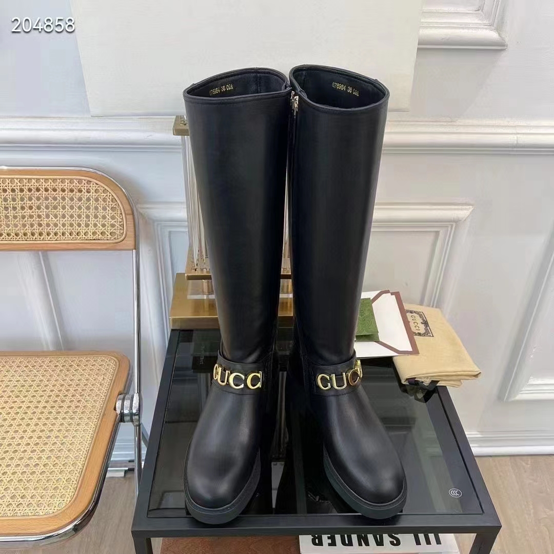 Gucci Women GG Gucci Boot Black Leather Script Rubber Sole Side Zip Closure Flat