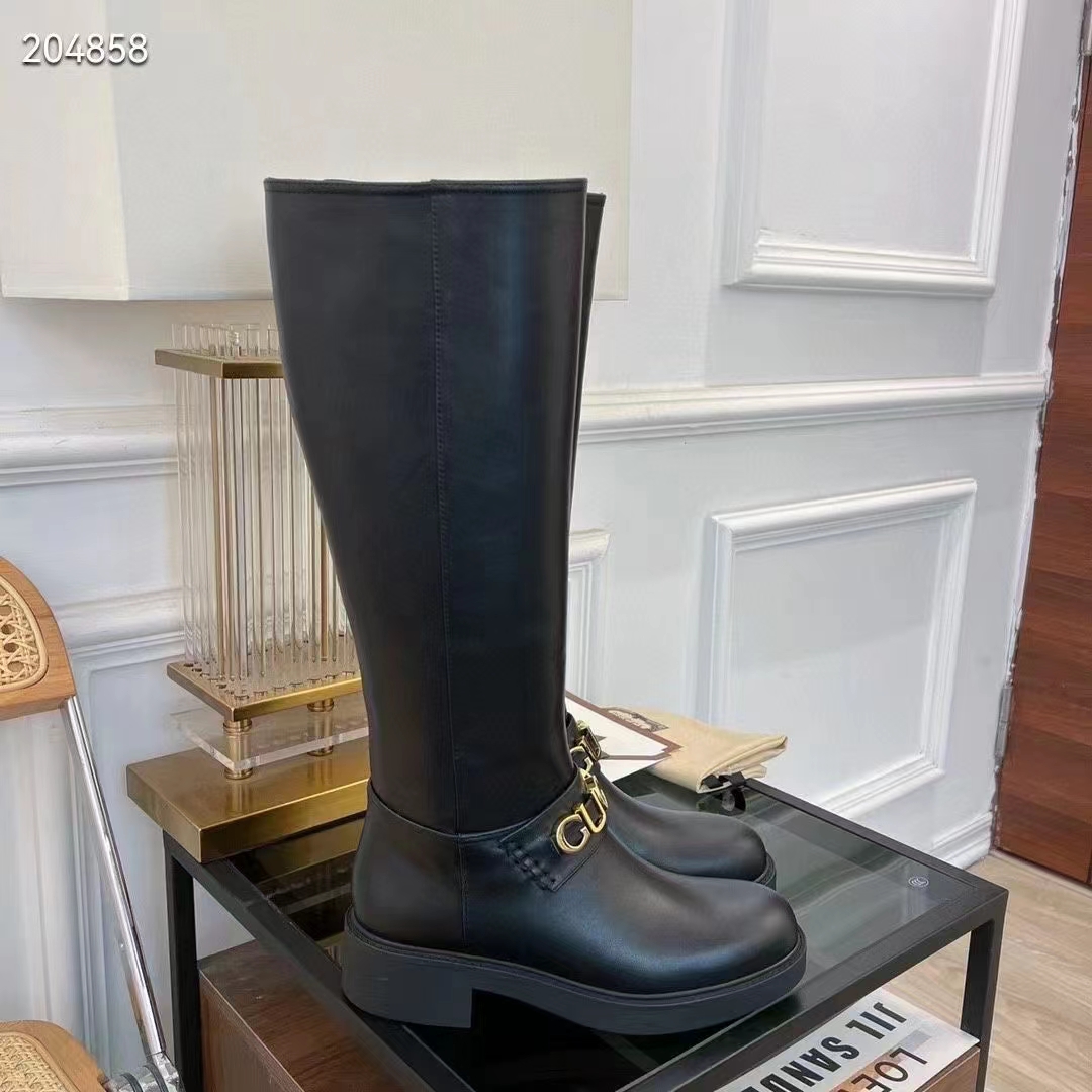 Gucci Women GG Gucci Boot Black Leather Script Rubber Sole Side Zip Closure Flat