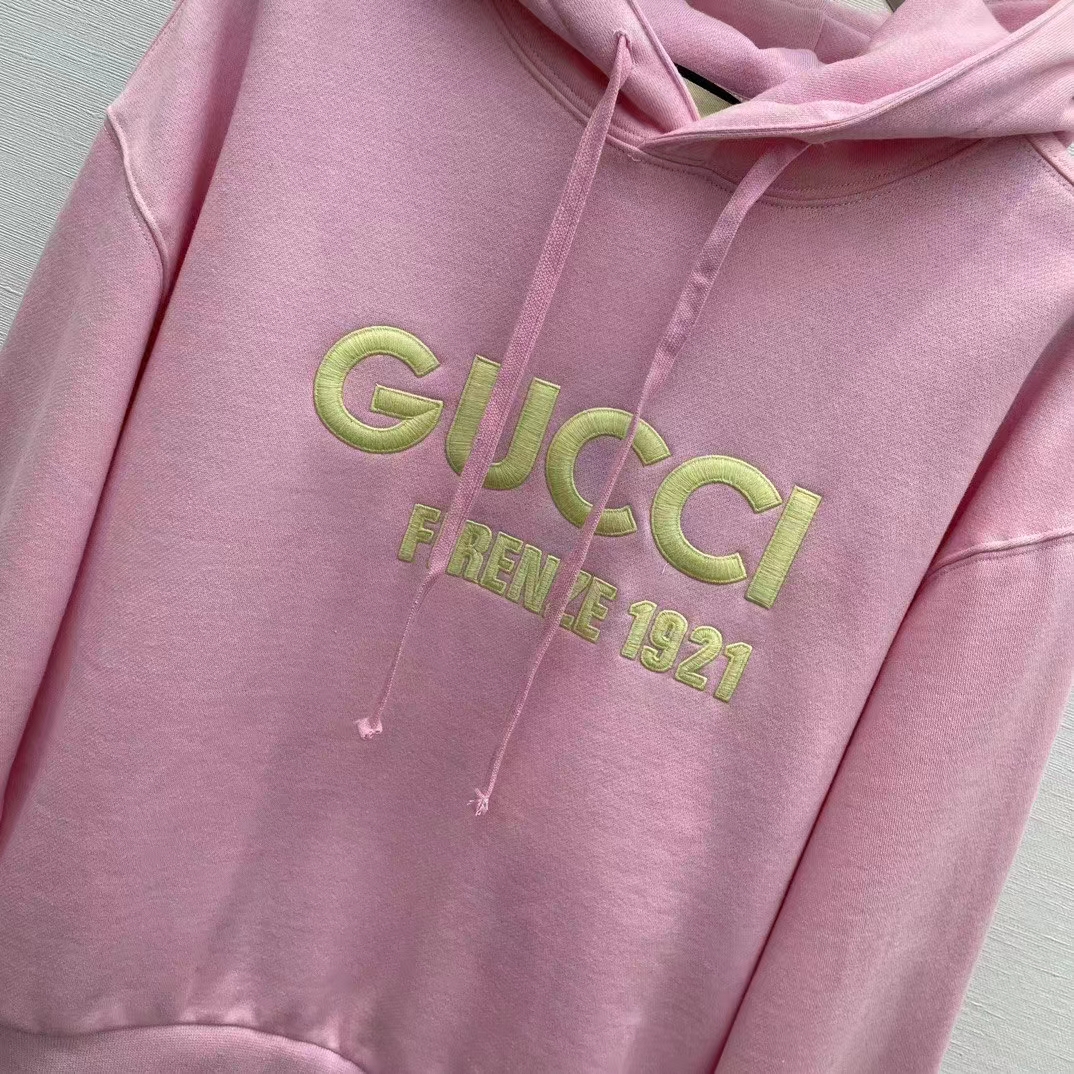 Gucci Women GG Hooded Sweatshirt Embroidery Firenze 1921 Drawstring Closure Dropped Shoulder Long Sleeves