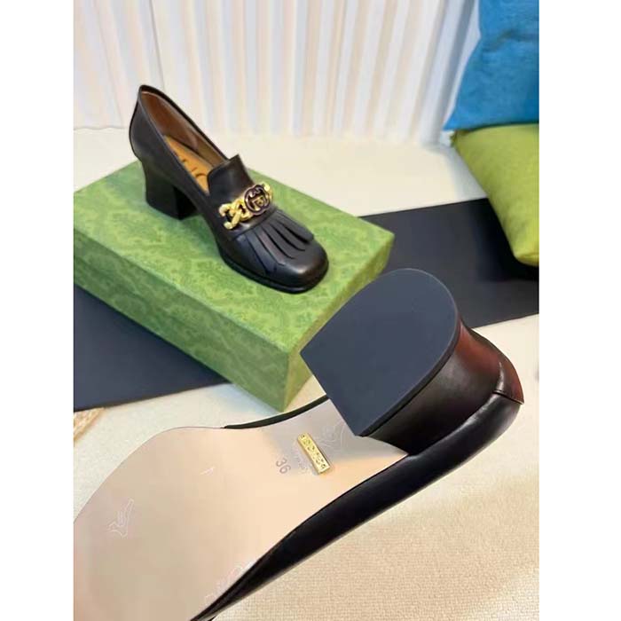 Gucci Women GG Interlocking G Mid-Heel Pump Black Leather Enameled Interlocking G Chain