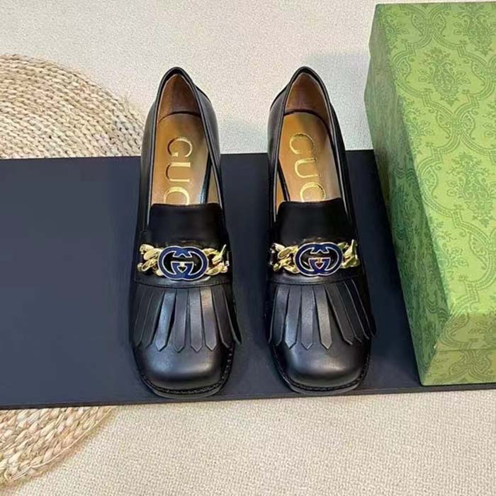 Gucci Women GG Interlocking G Mid-Heel Pump Black Leather Enameled Interlocking G Chain