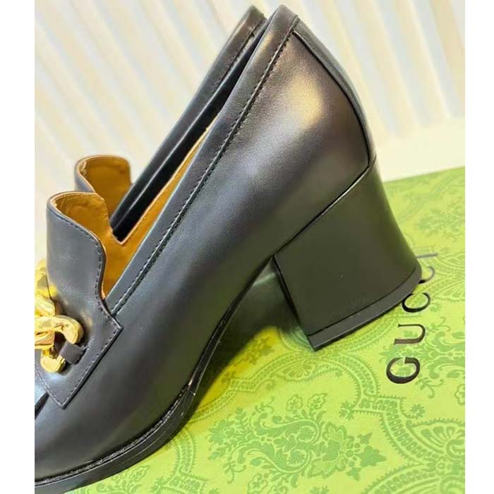 Gucci Women GG Interlocking G Mid-Heel Pump Black Leather Enameled Interlocking G Chain