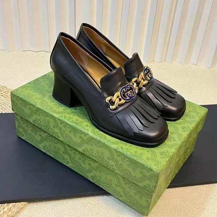 Gucci Women GG Interlocking G Mid-Heel Pump Black Leather Enameled Interlocking G Chain