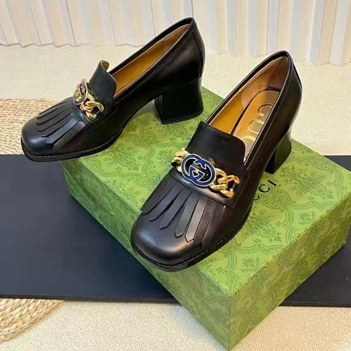 Gucci Women GG Interlocking G Mid-Heel Pump Black Leather Enameled Interlocking G Chain