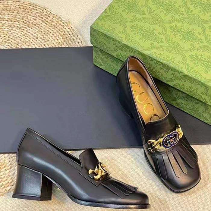 Gucci Women GG Interlocking G Mid-Heel Pump Black Leather Enameled Interlocking G Chain