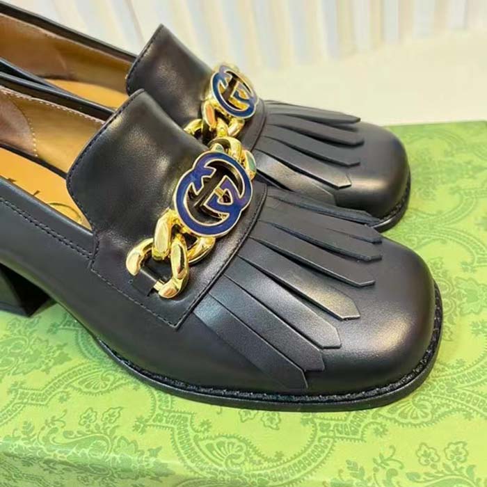 Gucci Women GG Interlocking G Mid-Heel Pump Black Leather Enameled Interlocking G Chain