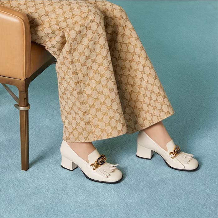 Gucci Women GG Interlocking G Mid-Heel Pump White Leather Enameled Interlocking G Chain