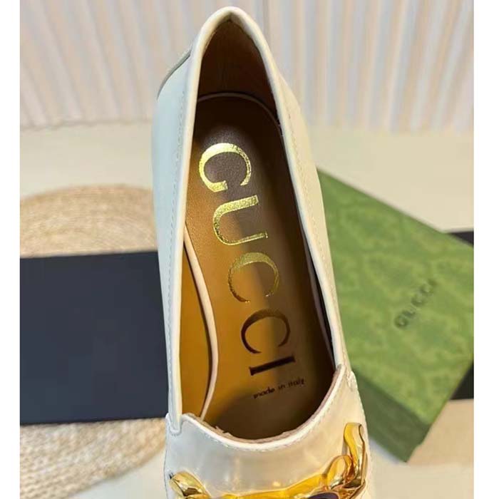 Gucci Women GG Interlocking G Mid-Heel Pump White Leather Enameled Interlocking G Chain