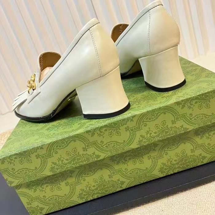 Gucci Women GG Interlocking G Mid-Heel Pump White Leather Enameled Interlocking G Chain